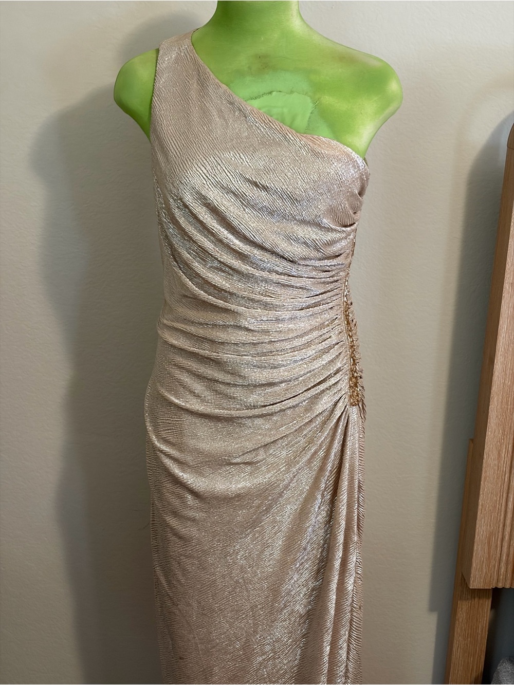 Calvin Klein One-Shoulder Shimmery Cream Evening Gown